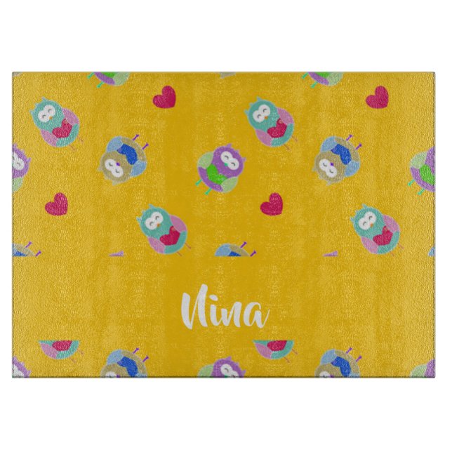 Owls with hearts on orange cutting board (Front)