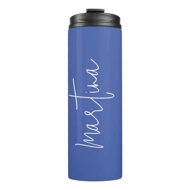 Own Name Blue Elegant Plain Simple Calligraphy Thermal Tumbler (Front)