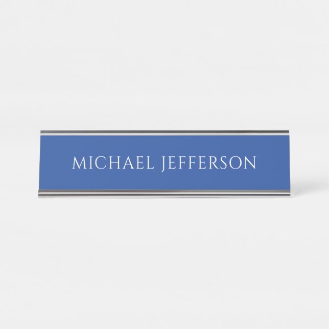 Own Name Plain Blue Colour Personalized Custom Desk Name Plate (Front)