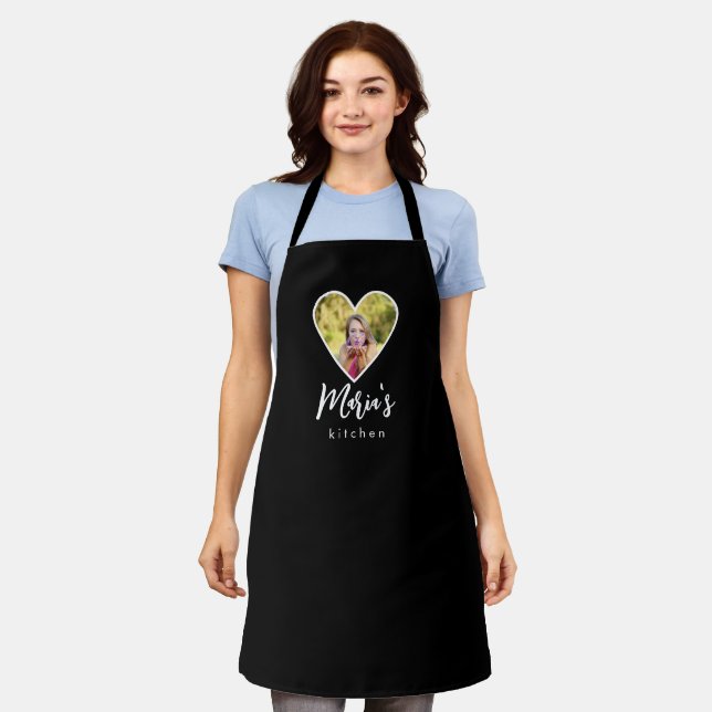 Own Photo in Black Heart Frame Modern Calligraphy Apron (Worn)