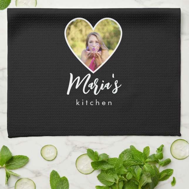 Own Photo in Black Heart Frame Modern Calligraphy Kitchen Towel (Folded)