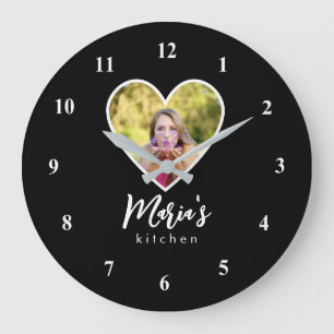 Own Photo in Black Heart Frame Modern Calligraphy Large Clock