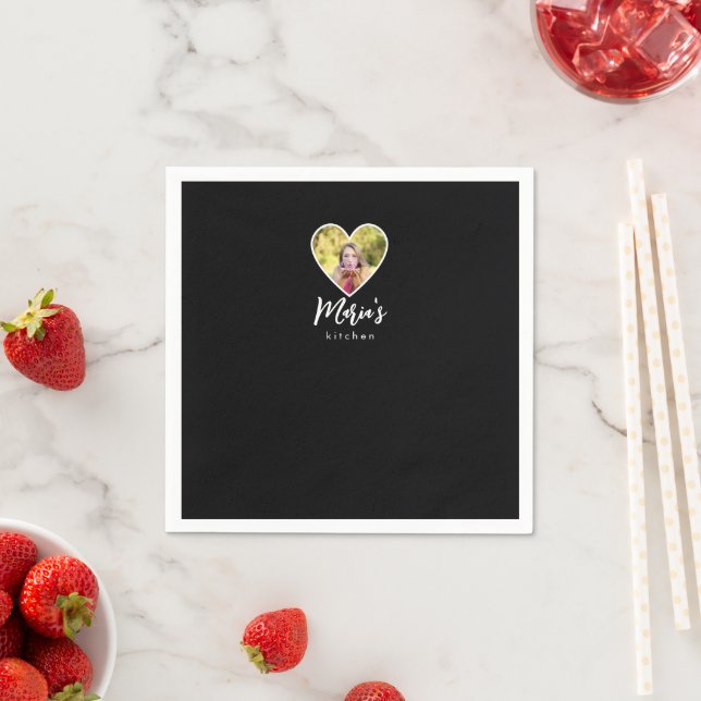 Own Photo in Black Heart Frame Modern Calligraphy Napkin (Insitu)
