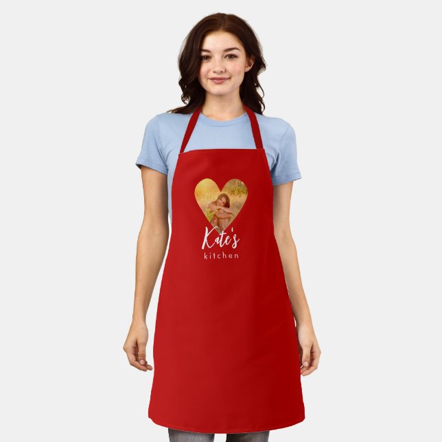 Own Photo Red Heart Frame Modern Calligraphy Apron (Worn)