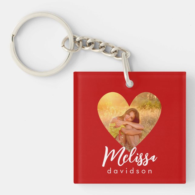 Own Photo Red Heart Frame Modern Calligraphy Keychain (Front)