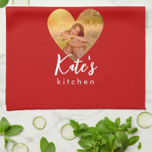 Own Photo Red Heart Frame Modern Calligraphy Kitchen Towel