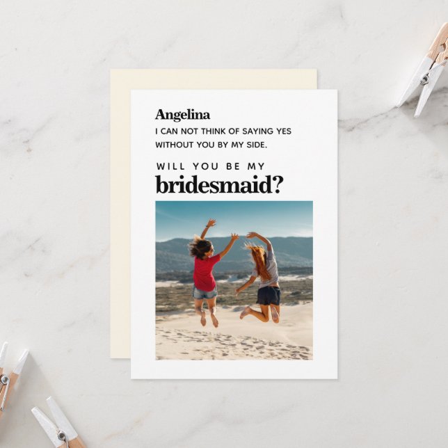 Own photo Simple Elegant Bridesmaid Proposal Card (Front/Back In Situ)