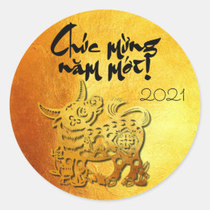 Ox Year custom Y Greeting in Vietnamese Gold RS Classic Round Sticker