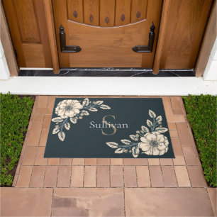Oxford Blue Gold Monogram Elegant Flowers Doormat