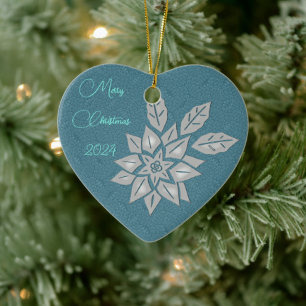 Oxford Teal and Silver Poinsettia Ceramic Ornament