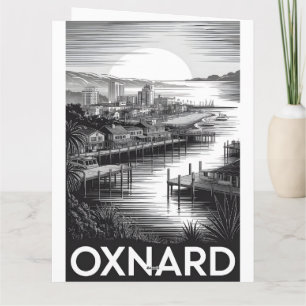 Oxnard California Skyline Black White Woodcut Card