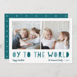 Oy to the World | 2 Photo Hanukkah Holiday Card<br><div class="desc">Whimsical Hanukkah photo card features two of your favourite family photos in a square format aligned side by side. "Oy to the World" appears beneath in blue and green cutout lettering. Personalize with your family name or names, custom greeting, and the year along the bottom. A funny and modern Hanukkah...</div>