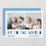 Oy to the World | 2 Photo Hanukkah Holiday Card<br><div class="desc">Whimsical Hanukkah photo card features two of your favourite family photos in a square format aligned side by side. "Oy to the World" appears beneath in blue cutout lettering. Personalize with your family name or names, custom greeting, and the year along the bottom. A funny and modern Hanukkah card designed...</div>