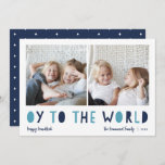 Oy to the World | 2 Photo Hanukkah Holiday Card<br><div class="desc">Whimsical Hanukkah photo card features two of your favourite family photos in a square format aligned side by side. "Oy to the World" appears beneath in blue cutout lettering. Personalize with your family name or names, custom greeting, and the year along the bottom. A funny and modern Hanukkah card designed...</div>