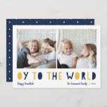 Oy to the World | 2 Photo Hanukkah Holiday Card<br><div class="desc">Whimsical Hanukkah photo card features two of your favourite family photos in a square format aligned side by side. "Oy to the World" appears beneath in blue and golden yellow cutout lettering. Personalize with your family name or names, custom greeting, and the year along the bottom. A funny and modern...</div>