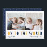 Oy to the World | 2 Photo Hanukkah Holiday Card<br><div class="desc">Whimsical Hanukkah photo card features two of your favourite family photos in a square format aligned side by side. "Oy to the World" appears beneath in blue and golden yellow cutout lettering. Personalize with your family name or names, custom greeting, and the year along the bottom. A funny and modern...</div>