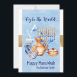 Oy to the World Blue Gold Hanukkah Holiday Card<br><div class="desc">This design was created though digital art. It may be personalized in the area provided by changing the photo and/or text. Or it can be customized by choosing the click to customize further option and delete or change the colour the background, add text, change the text colour or style, or...</div>