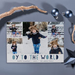 Oy to the World | Hanukkah Photo Collage Card<br><div class="desc">Whimsical Hanukkah photo card features five of your favourite family photos in a collage layout "Oy to the World" appears beneath in blue cutout lettering. Personalize with your family name or names, custom greeting, and the year along the bottom. Cards reverse to a pattern of white snow on blue stripes....</div>