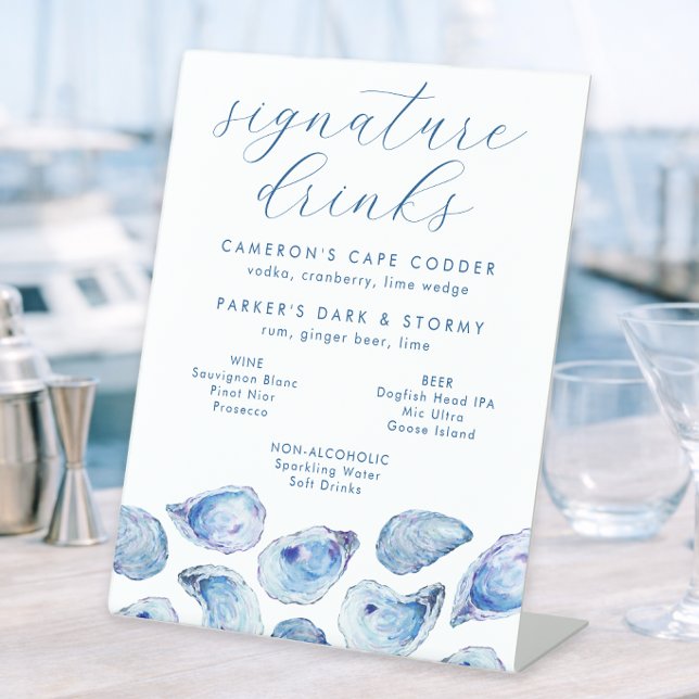 Oyster Blue Watercolor Signature Drinks and Bar Pedestal Sign (Oyster Blue Watercolor Signature Drinks Wedding Bar Sign by Concertina Press)