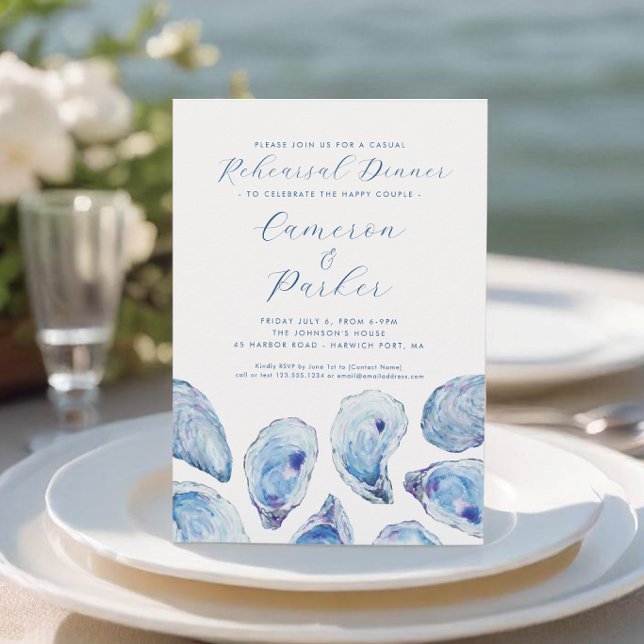 Oyster Casual Wedding Rehearsal Blue Watercolor Invitation (Oyster Casual Rehearsal Dinner Invitation with blue watercolor oyster shells from Concertina Press)