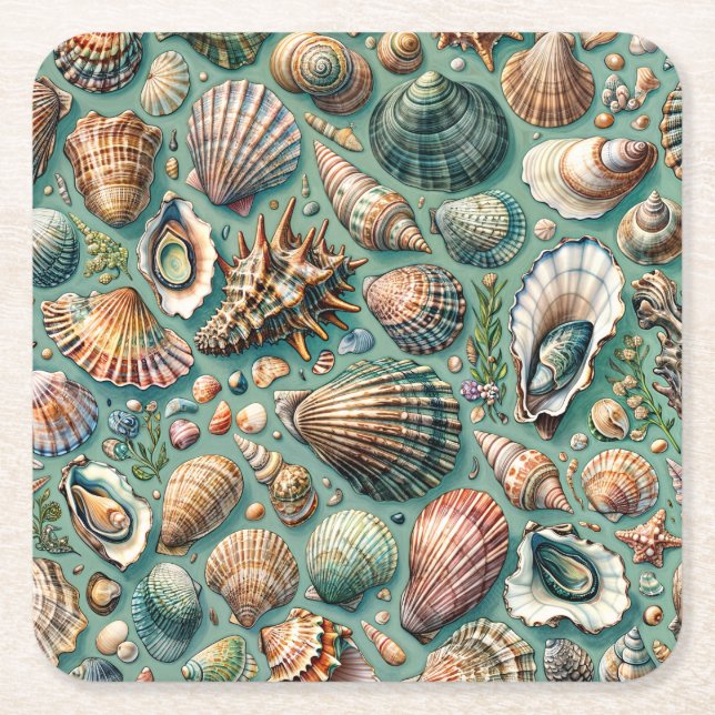Oyster Clam Scallop Mussel Seashell Square Paper Coaster (Front)