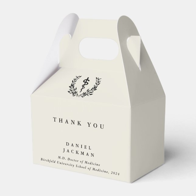Oyster/Cream Personalized Asclepius+Laurel Wreath Favor Box (Front Side)