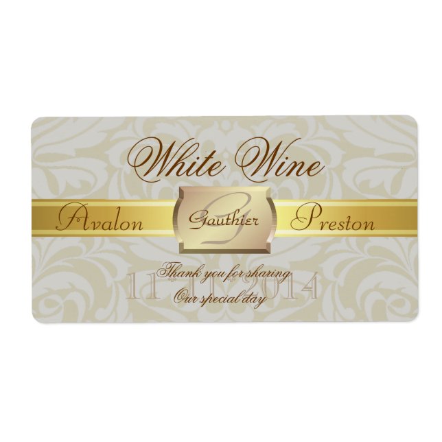Oyster Damask Gold Monogram Wedding Wine Label (Front)
