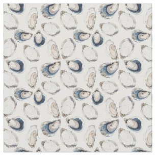 Oyster Half Shell Pattern in Blue Tan and White Fabric