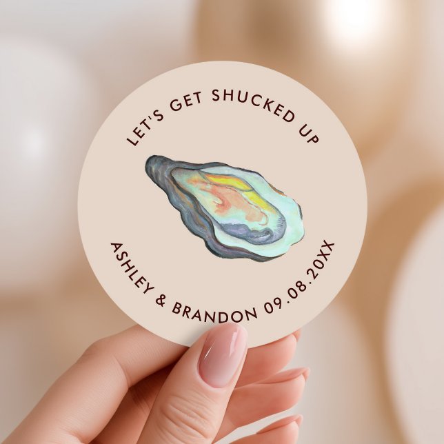 Oyster Let's Get Shucked Up Coastal Wedding  Classic Round Sticker (Creator Uploaded)