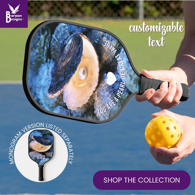 OYSTER Pearl of Great Value Custom Christian Pickleball Paddle (Blue pearl OYSTER pickleball paddle with CUSTOMIZABLE text. Mother's Day gift for her.)