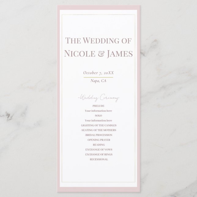 Oyster Pink & Gold Modern Minimal Wedding Program (Front)