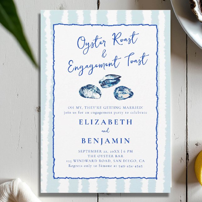 Oyster Roast Blue Stripes Modern Engagement Party Invitation (nautical engagement invitation oyster party coastal seaside yacht club boat beach blue hand drawn)