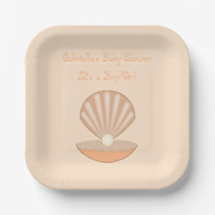 Oyster shell and Pearl Gender Neutral Baby Shower Paper Plate