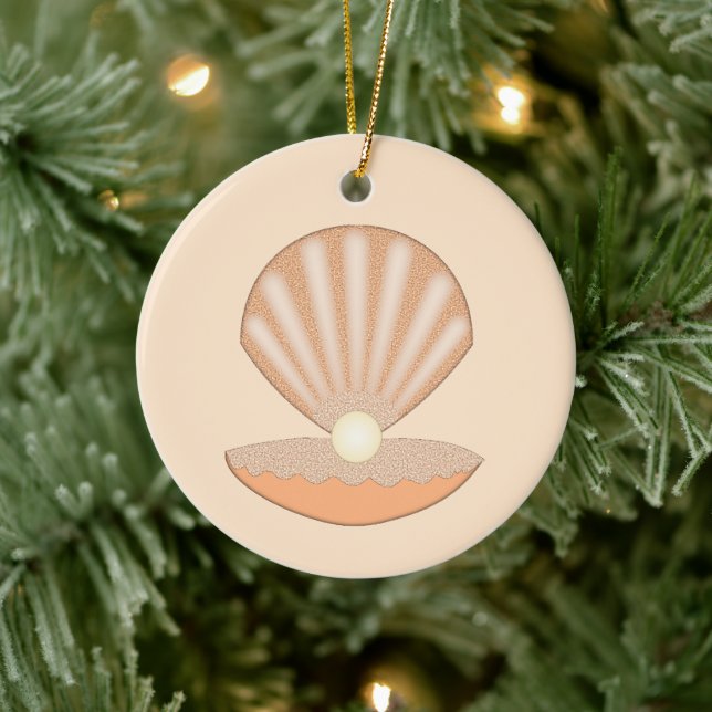 Oyster shell and Pearl Gender Neutral Custom Name Ceramic Ornament (Tree)