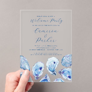 Oyster Welcome Party Blue Watercolor Acrylic Invitations