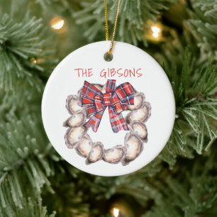 Oyster Wreath Plaid Ribbon Personalized Ceramic Ornament