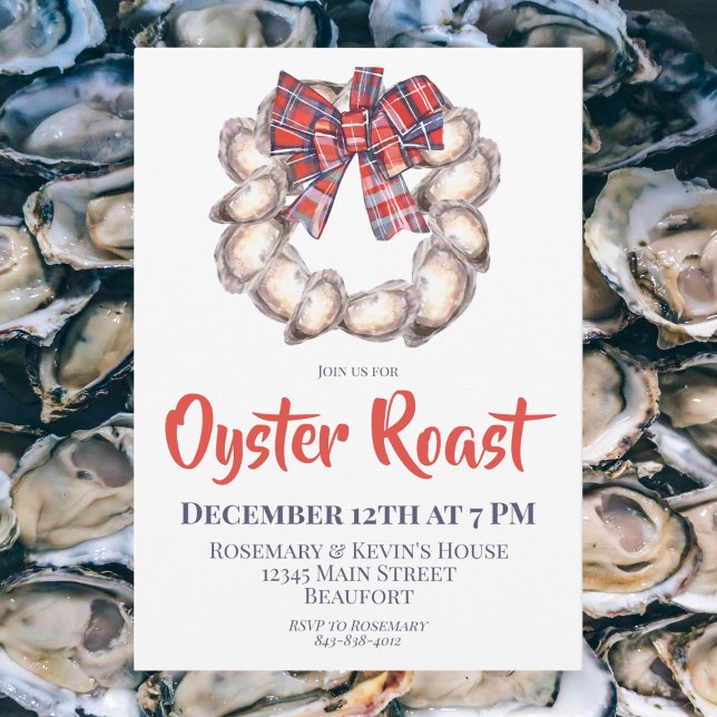 Oyster Wreath with Plaid Ribbon Oyster Roast Invitation (Creator Uploaded)