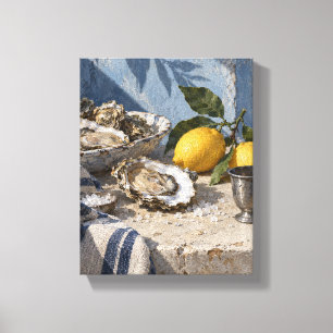 Oysters and Lemons on Indigo Linen - Coastal Still Canvas Print
