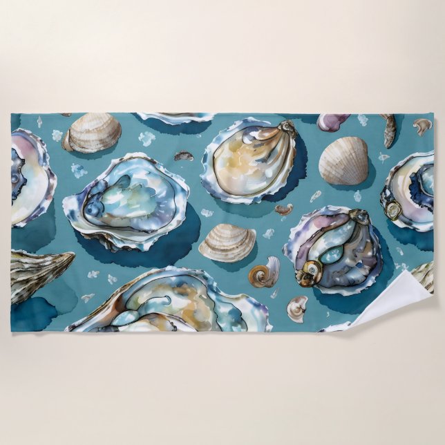 Oysters Clams Seashells Pattern Blue Beach Towel (Front)