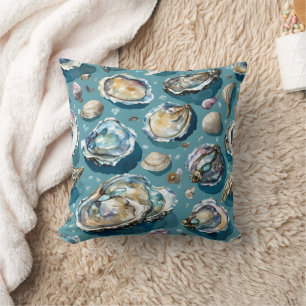 Oysters Clams Seashells Pattern Blue Throw Pillow