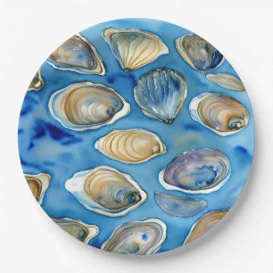 Oysters Clams Seashells Watercolor Blue Paper Plate