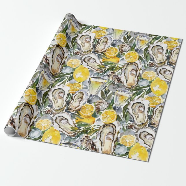 Oysters lemons and champagne wrapping paper (Unrolled)