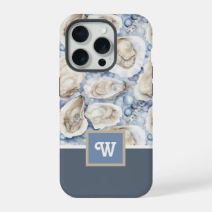 Oysters n Pearls Blue Grey Tan Monogram Initial iPhone 15 Pro Case