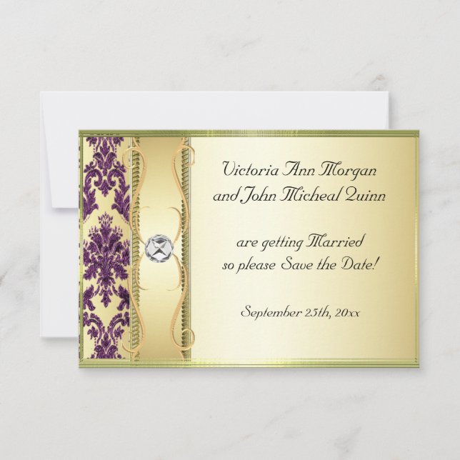 P1 Gold Purple Damask Save the Date Card (Front)