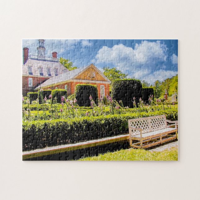 P527004(1)-Colonial Garden with Bench Jigsaw Puzzle (Horizontal)
