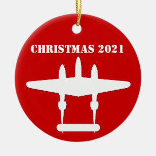 P-38 Lightning Christmas 202 Red & White Ceramic O Ornament