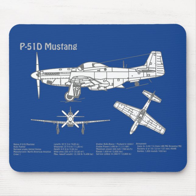 P-51D Mustang - Airplane Blueprint ABD Mouse Pad (Front)