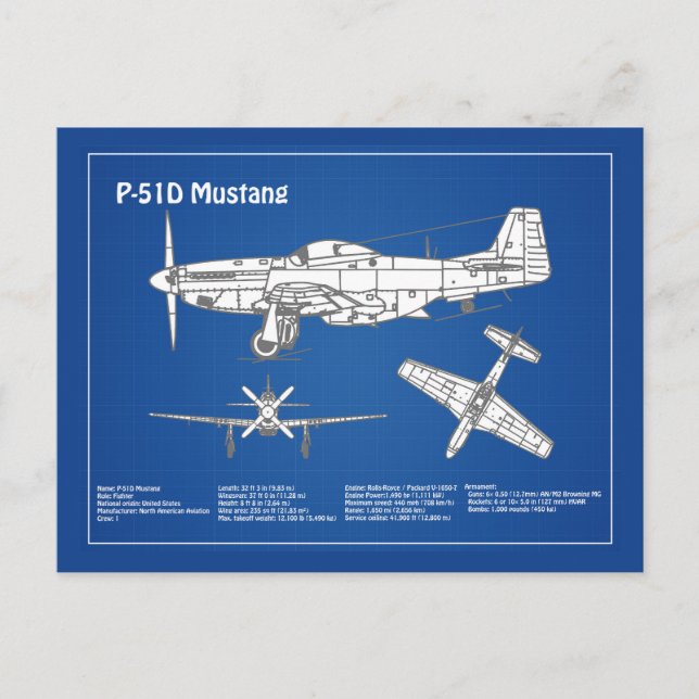 P-51D Mustang - Airplane Blueprint ABD Postcard (Front)