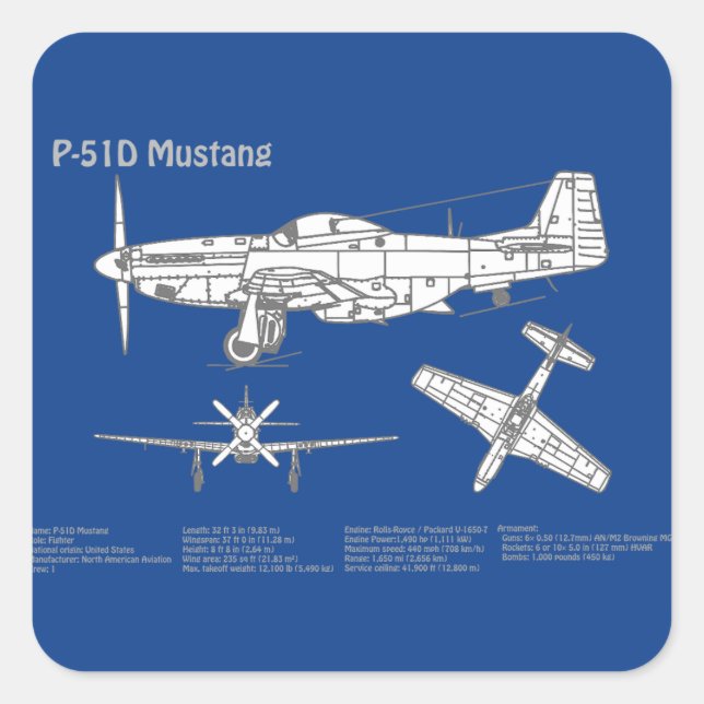 P-51D Mustang - Airplane Blueprint ABD Square Sticker (Front)
