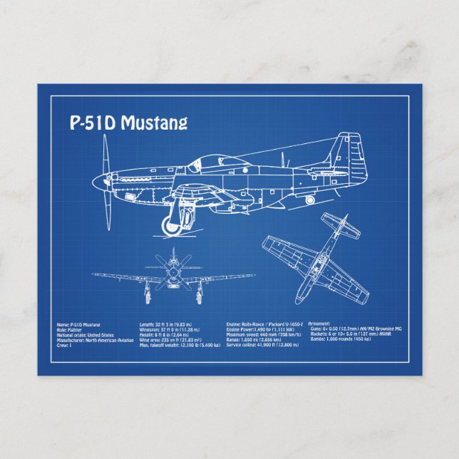P-51D Mustang - Airplane Blueprint AD Postcard (Front)